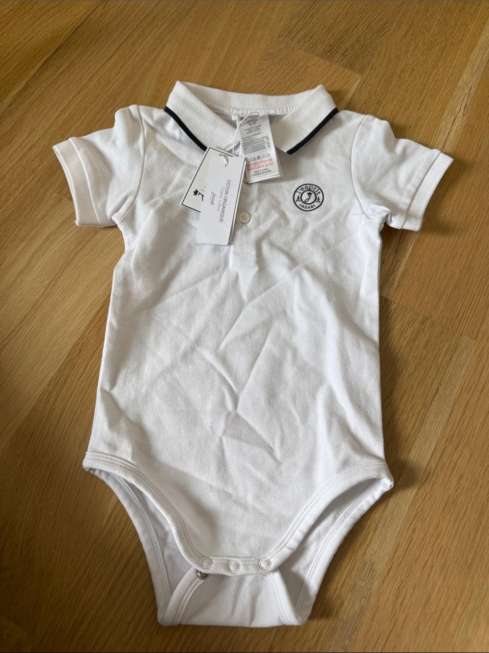 Jacadi White Polo Bodysuit with Navy Trim